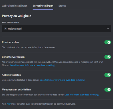 Serverinstellingen Diiscord